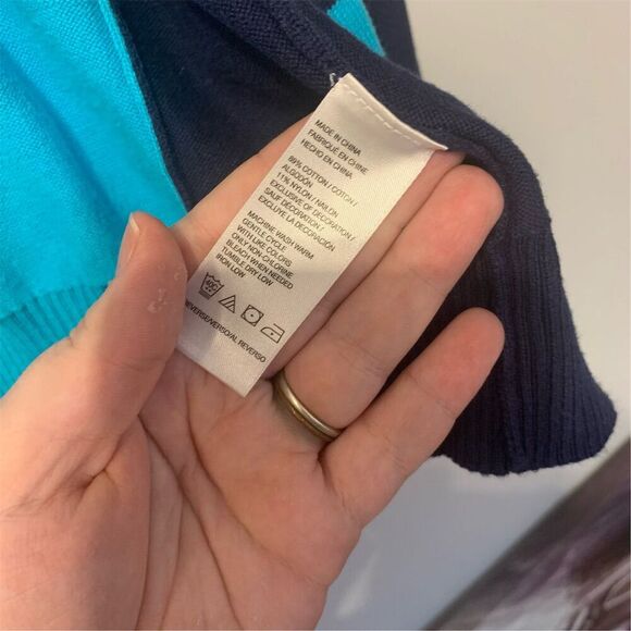 Izod Women's V-Neck Color Block cotton Blue Cardigan Sweater Size L Multicolor - Picture 2 of 7